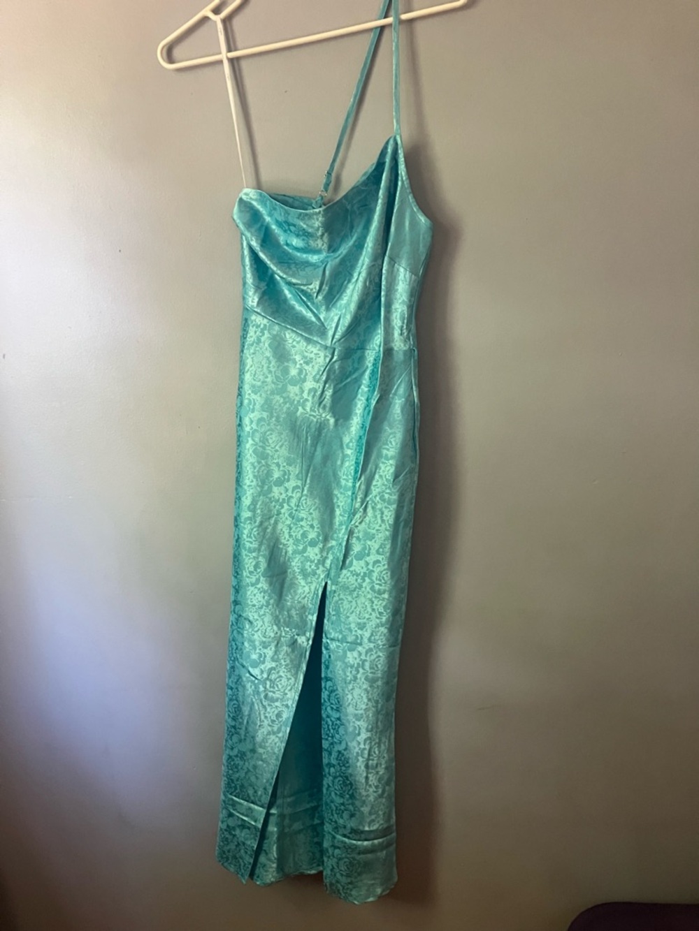 Lulu's Turquoise Jacquard Satin Slip Dress
